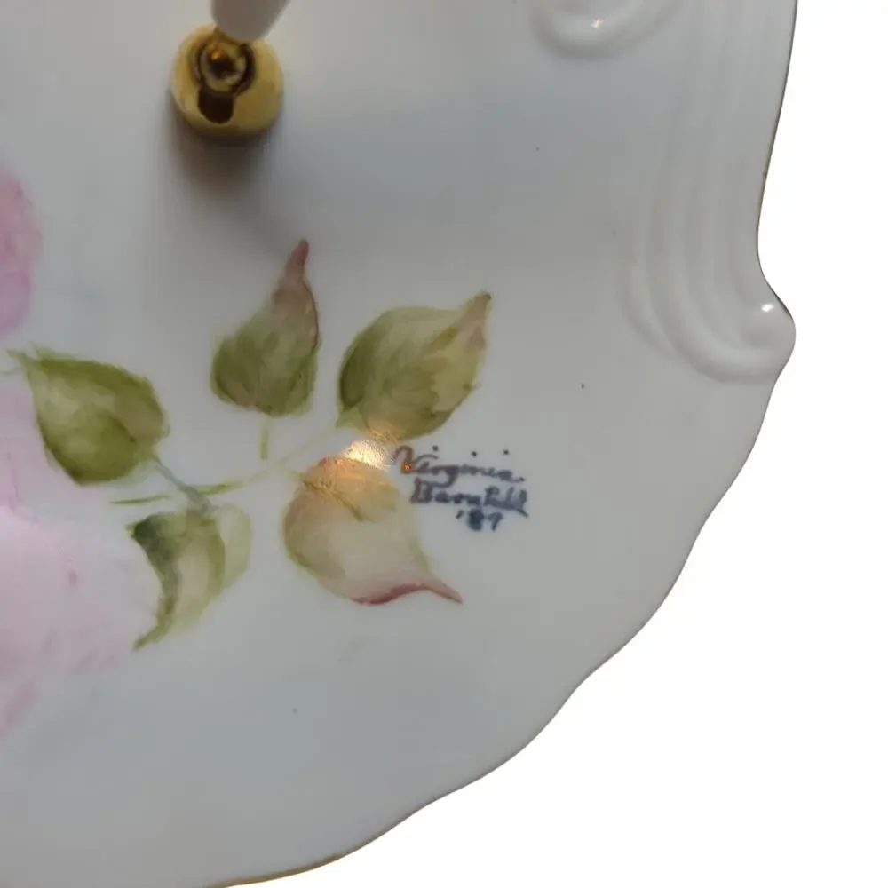 Vintage Pen Holder Desk Handpainted Porcelain Artist Signed Virginia B 1987 Gold